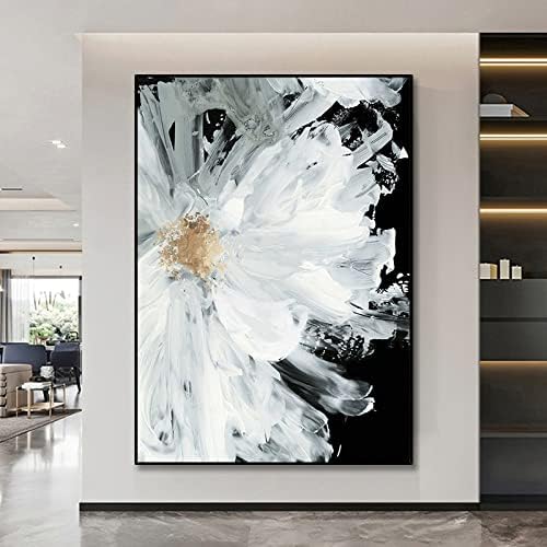 ציור שמן תלת מימדי צבוע ביד ציור שמן על קנבס שחור לבן פרח פרח פרחוני מרקם עבה ציורי פלטת פלטה