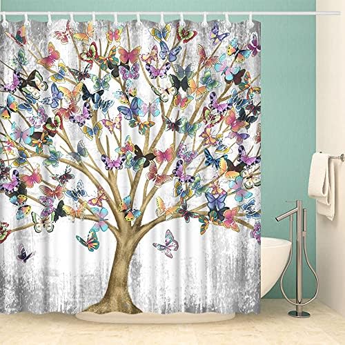 עץ Fushvre של חיים וילון מקלחת בד וינטג 'פרפרים צבעוניים על ענפים צמחים פנטזיה וילון אמנות אמבטיה