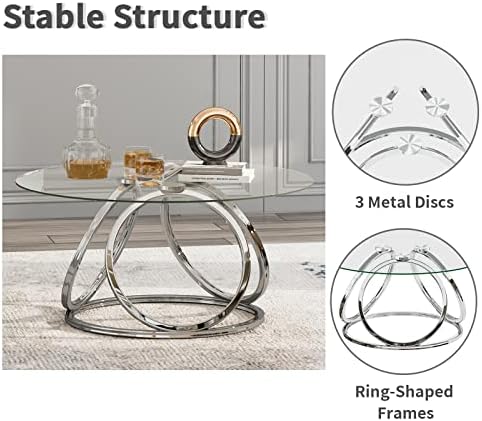שולחן קפה עגול ריהוט, שולחן סלון שולחן קפה כסף מודרני עם מסגרות בצורת טבעת, שולחן קפה זכוכית לבית ולמשרד, גימור