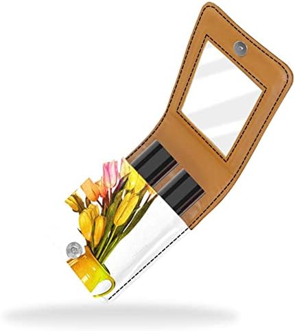 שפתון מקרה עם מראה חמוד נייד איפור תיק קוסמטי פאוץ, שמן ציור פרח פרחוני צהוב טוליפ מודרני