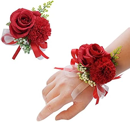 Artflws 2 pcs פרח ורד שורש כף היד Corsage Boutonniere Set Corsage מלאכותי בעבודת יד כלה פרחי יד גברים Boutonniere