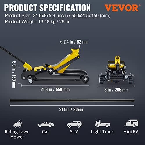 VEVOR 2.5 טון פרופיל נמוך, שטח רצפת מירוץ פלדה כבד עם משאבת הרמת בוכנה יחידה, טווח הרמה 3.35 -14.96