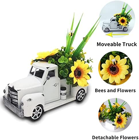 משאית מתכת לבנה חמניות חמניות, משאית מתכתית וינטג 'בית חווה עם דבורת דבש, טנדר שולחן שולחן שולחן דגם משאית לבנה