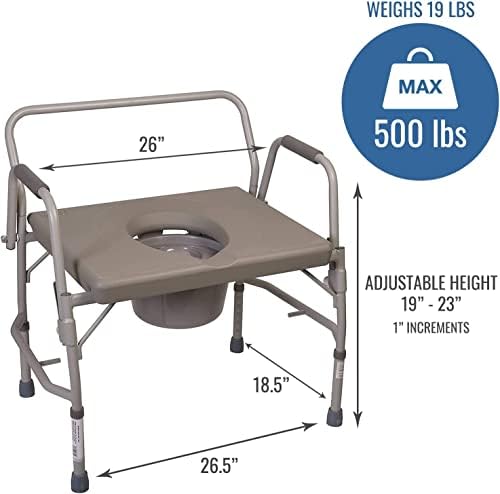 DMI ליד מיטה, כיסא קומודה רחב במיוחד, שירותים ליד המיטה, מושב אסלה מורם עם ידיות, מחזיק עד 500 פאונד עם