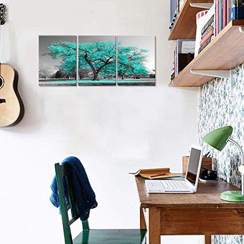 עיצוב אמנות חזותי צהבה וחדר שינה אפור לתמונת חדר קיר 3 חלקים טורקיז פריחת עץ חיים של בד הדפסים