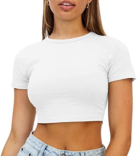 נשים חולצות טרנדי 2023 סקסי גוף בסיסי סקופ צוואר קצר שרוול דק מוצק צבע יבול למעלה