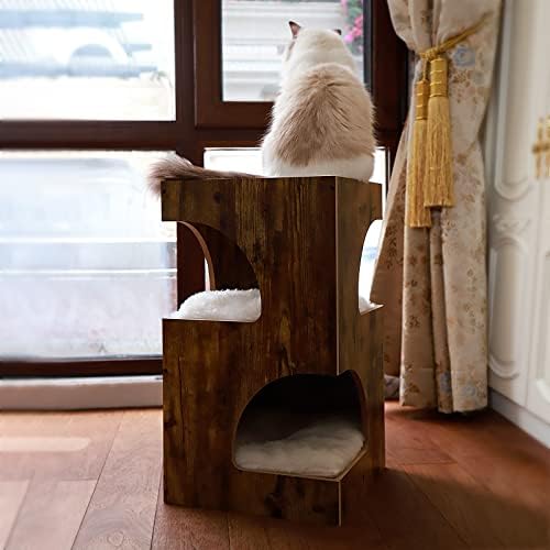 מודרני חתול עץ מקורה בית 3 ב 1 עץ חתולי דירה מגדל, חמוד חתול מוט סטנד מיטה עם נשלף רך כרית + שריטות מחצלת