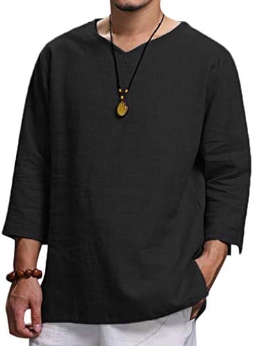 חולצות פשתן כותנה של UBST לגברים, סתיו 3/4 שרוול V צוואר צוואר חוף רופף בתוספת חולצות טריקו מזדמנים נוחות גודל