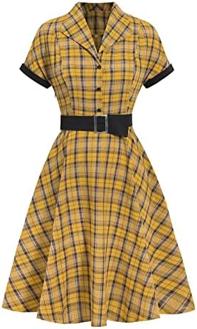 אישה של ערב שמלות 1950 רטרו רוקבילי נדנדה קוקטייל שמלה קצר שרוול דש משובץ הדפסת אודרי המפלגה שמלה