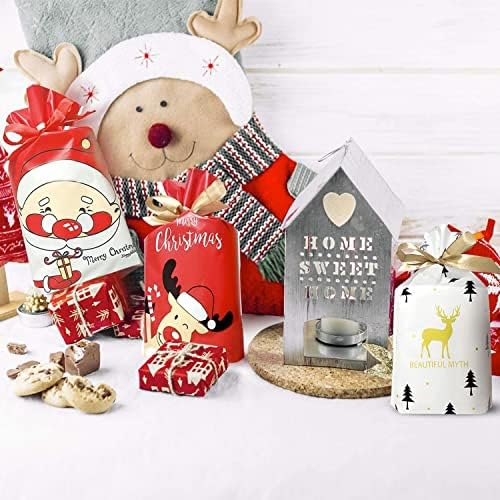 שקיות מתנה לחג המולד, 50 יחידות 5.9 על 9 אינץ ' לשימוש חוזר פלסטיק שקיות עוגיות שקיות ממתקים לחג המולד