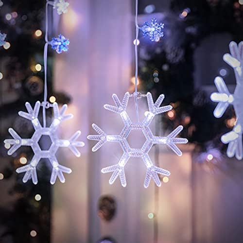 חג המולד של פתית שלג אורות חיצים חיצוניים - 2 חבילות 7 טיפות 70 אורות חלון של פתיתי שלג עם ווים תלויים, אורות