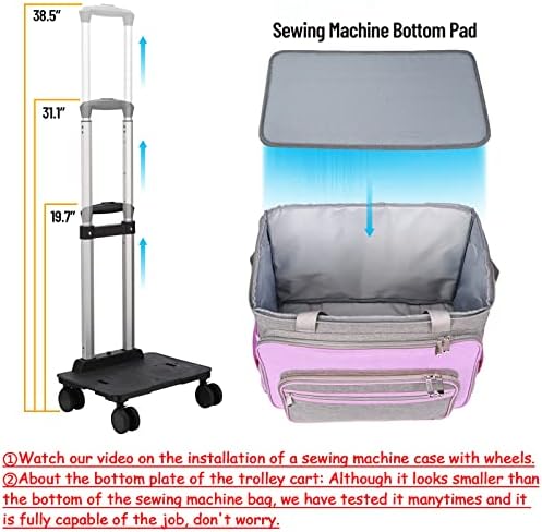 מקרה מכונת תפירת שמש עם גלגלים, 3 ב 1 מתקפל דלוקס מתגלגל מכונת תפירת תיק נשיאה לאח, זינגר, ברנינה ורוב מכונות,