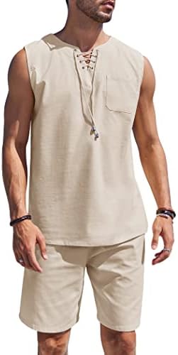 קואופנדי גברים פשתן מגדיר תלבושות 2 חלקים חולצות ללא שרוולים חוף גופיות גופיות תואמות מכנסיים