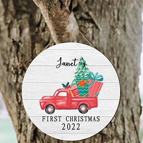 משטחי עץ אישית תינוק שם תליית עץ סימן 12 * 12 אינץ עגול אישית תינוק ראשון חג המולד 2022 עץ