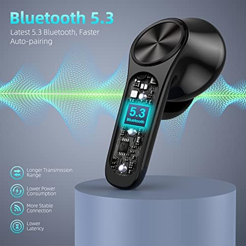 אוזניות Bluetooth, 24 שעות משחק 5.3 5.3 אוזניות Bluetooth אלחוטיות שיחה ברורה בס עמוקה, IPX6 ניצני אוזניים