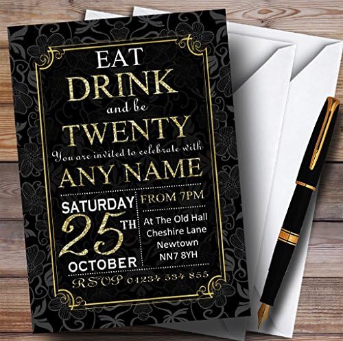 גן החיות של כרטיס פרחי שחור וזהב הזמנות למסיבת יום הולדת בהתאמה אישית ה -20