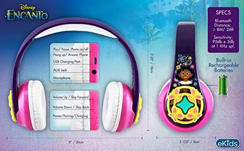 Ekids Disney Encanto Bluetooth אוזניות עם קישור EZ, אוזניות אלחוטיות עם מיקרופון וחוט אוקס, אוזניות