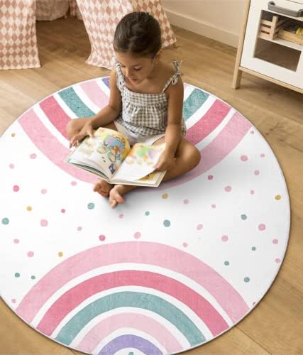 שטיח עגול ורוד לחדר ילדים, שטיח רחיץ קשת 4 רגל לחדר ילדים, שטיח מעגל החלקה שטיח חדר שינה צבעוני לילדות