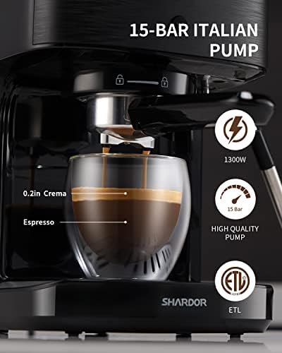 מכונת אספרסו Shardor 15 בר חימום מהיר מכונות קפה אקספרסו עם חלב מקציף/שרביט קיטור, יצרנית לאטה ידנית וקפוצ'ינו,