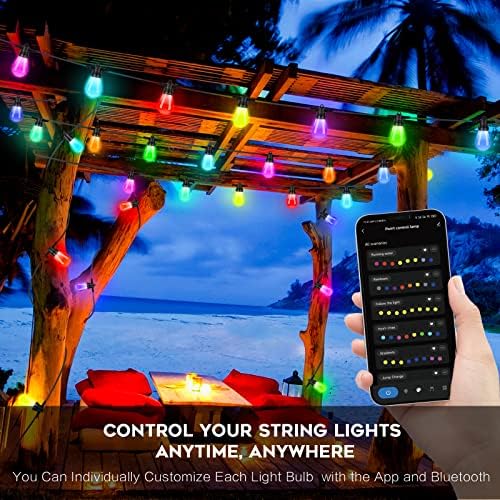 סובלה אורות מחרוזת חיצוניים חכמים, אורות מיתר RGB 48ft 15 נורות LED, בקרת אפליקציות תואמת לאלכסה,