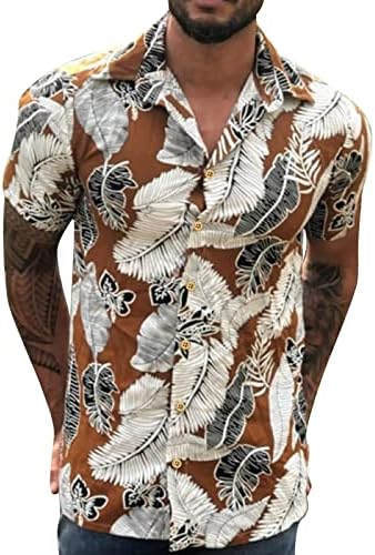 חולצות הוואי של Beuu Mens, שרוול קצר של קיץ עלים טרופיים כפתור הדפסה כלפי מטה רגוע בכושר דש צווארון