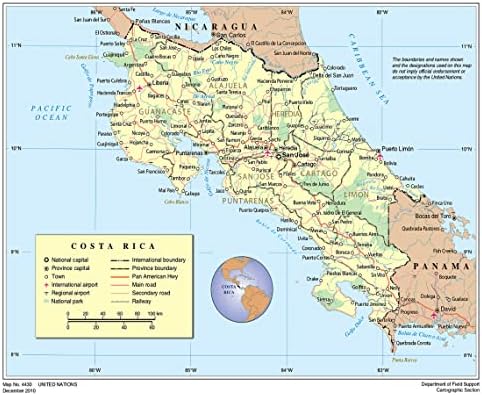 כרזות דקלון 20 על 24 פוסטר למינציה: מפה פוליטית ומנהלית גדולה של קוסטה ריקה עם כבישים ערים פארקים לאומיים