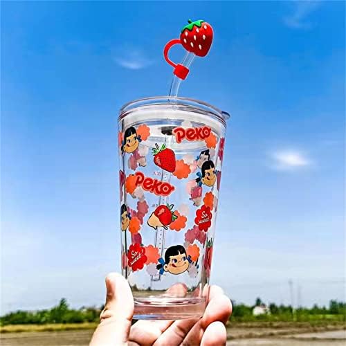 צבע חום עמיד זכוכית חמוד קריקטורה בעלי החיים דפוס עם מכסה בוגר קש כוס קיבולת גדולה-_500 מ ל, זכוכית חלב כוס
