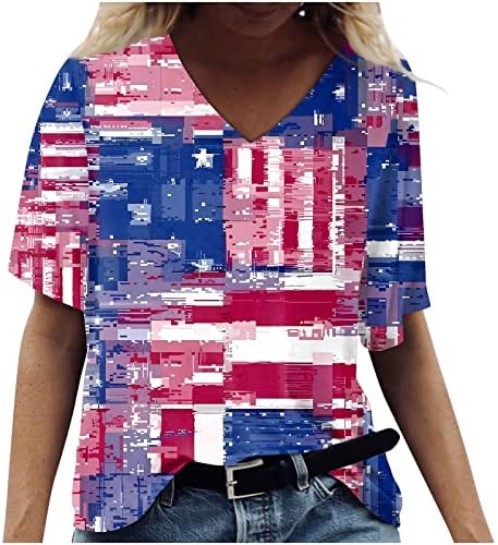 חולצות T לנשים שרוול קצר דגל אמריקאי 4 ביולי גרפי נגד צוואר חולצות חולצות מזדמנות חולצות בסיסיות בסיסיות