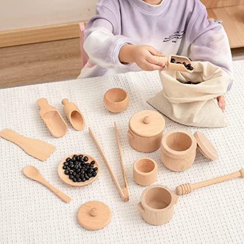 13 יח 'כלים למונטסורי מעץ עץ סט צעצועים לחוש כלים, ילדים מעמידים פנים שאביזרי משחק למטבח לפעוטות