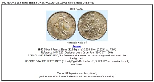 1962 FR 1962 צרפת לה סמוס זורע צרפתי אשה זקנה לאר 5 פרנקים טובים לא מאושרים