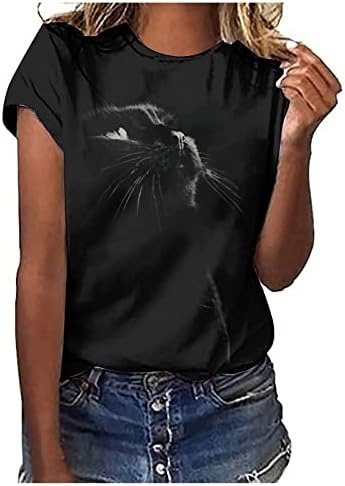 חולצת טי נשים 3D חתול מודפס צמרות קיץ עגול נערות נערות נערות שרוול קצר חולצת טריקו חולצות לבושות