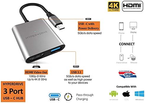 Hyperdrive USB סוג C HDMI מתאם, 3-in-1 USB C לממיר HDMI אלומיניום דיגיטלי רב-פורט סוג-C רכזת W 4K HDMI,