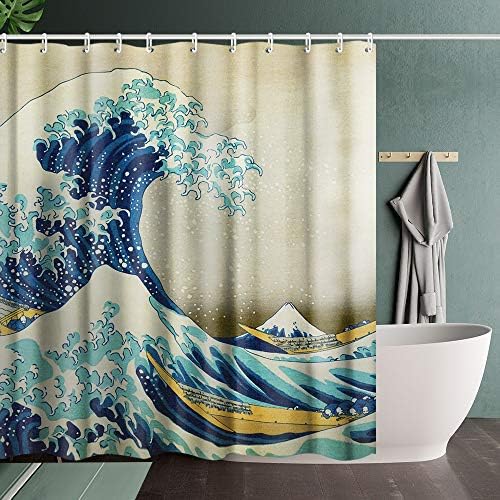 Invin אמבטיה אמבטיה וילון מקלחת וילון עם ווים, הגל הגדול מעל קנגאווה מאת Katsushika Hokusai, ציורי אמנות ביתיים