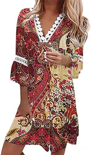 שמלת טוניקה זורמת של נשים שכבתי פרוע שולי רפרוף שלוש רבע רבע חצוצרות חולצות שרוול שמלת חוף טרנדי