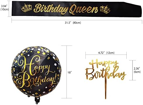 אבנט 'מלכת יום הולדת', 3 חבילה שחור יום הולדת שחור ועוגת זהב בלונים לנשים למסיבת יום הולדת לנשים אספקת