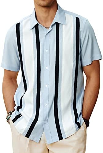 חולצת באולינג וינטג 'לגברים כפתור מפוספס למטה שרוול קצר חולצה הוואי קיץ