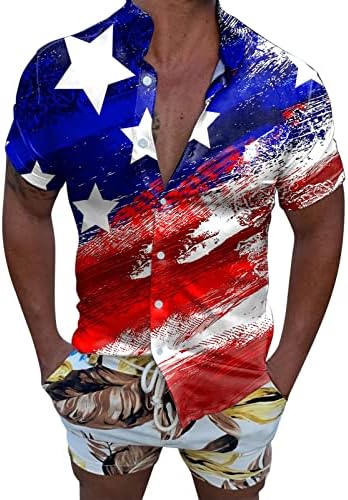 חולצות יום העצמאות של הגברים של Beuu כפתור שרוול קצר למטה חולצה פטריוטית דגל אמריקאי חוף קיץ חוף מזדמן
