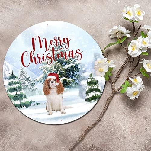 שלט מתכת עגולה כלב חג מולד שמח עם כובע שלט זר חג מולד דפסי אמנות מתכתית מדפסת חדר במצוקה שלט קיר לוחית לפטיו