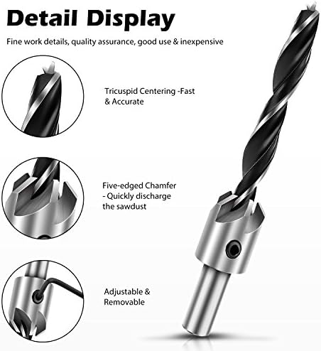 Werkzeug CounterSink חתיכות קידוח מוגדרות- 7 יחידות כיור דלפק לכיור עץ פלדה במהירות גבוהה, נגרות נגרות בעץ עם מפתח