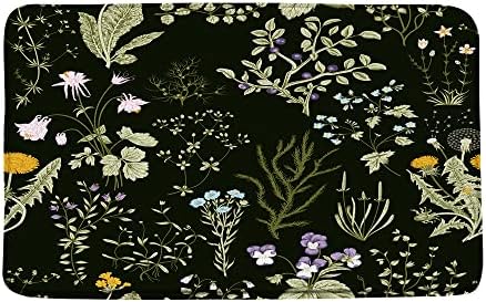 שחור פרחוני אמבטיה מחצלת צבעי מים פרח צמחים צמח ירוק עלים פרחי בר עשבי תיבול בציר טבע רחצה דקור מיקרופייבר