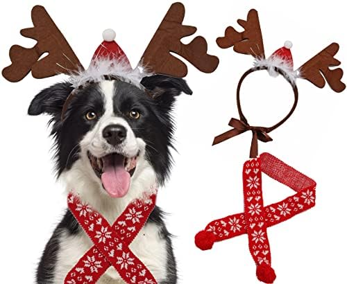 תחפושת לחג המולד של כלב בומבון, סרט איילים כלבים קרניים מעוטר בכובע סנטה וצעיף חג מולד לכלבים