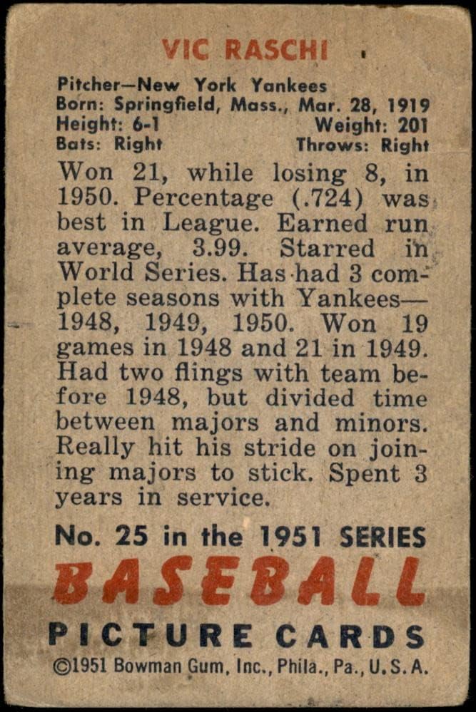 1951 Bowman 25 VIC ​​Raschi New York Yankees Dean's Cards 2 - Yankees Good