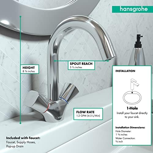 Hansgrohe logis מודרני זרימה נמוכה חוסכת מים עם 2 ידית ברז כיור אמבטיה בגודל 9 אינץ 'בכרום, 71222001