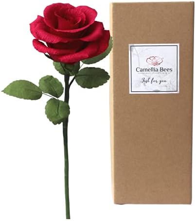 קמליה דבורים מתנה ליום האהבה אליה, מתנת ורד נייר, ורד נייר גבעול ארוך, פרח נייר קרפ בעבודת יד למשך שנה לחתונה,