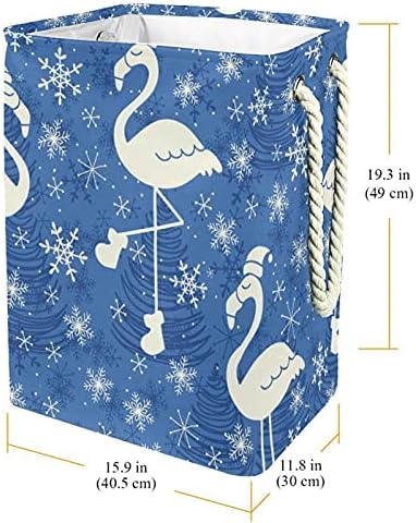 חג המולד כחול שלג שלג פלמינגו מכסה כביסה עם ידיות סל גדול מתקפל לפח אחסון, חדר ילדים, מארגן ביתי, אחסון בד, 19.3x11.8x15.9