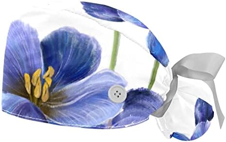 2 חבילות כובעי עבודה עם כפתור ופס זיעה, פרחים כחולים מתכווננים כובעי קרצוף קוקו