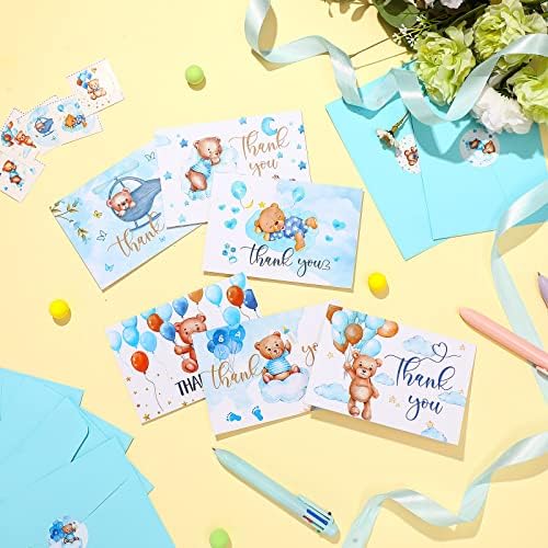 Tudomro 24 חבילה דוב מקלחת לתינוק קלפי תודה עם מעטפות ומדבקות מוגדרות ילד כחול תודה