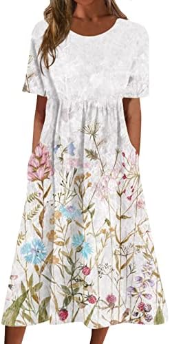 קיץ שמלות לנשים הדפסה קצר שרוול שמלות עגול צוואר קל משקל טרנדי חוף שמלה עם כיס