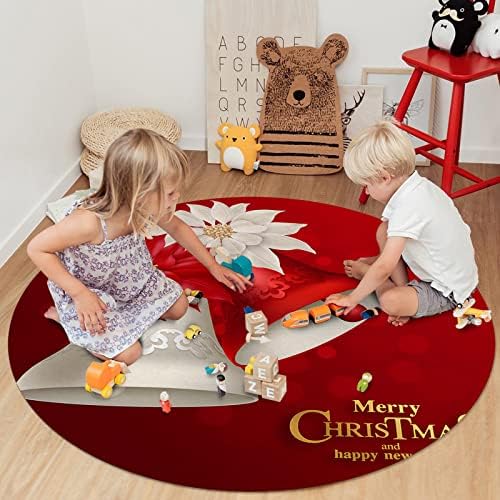שטיח שטח עגול גדול לחדר שינה בסלון, שטיחים ללא החלקה 6ft לחדר ילדים, פעמון חג המולד עם פרחים