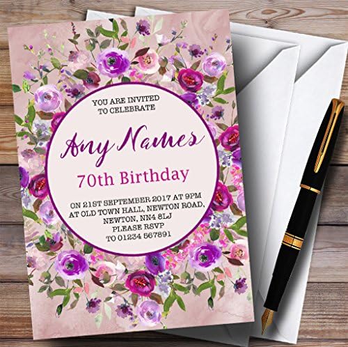 פרחוני מים ורודים וסגולים פרחוניים 70 הזמנות למסיבת יום הולדת בהתאמה אישית